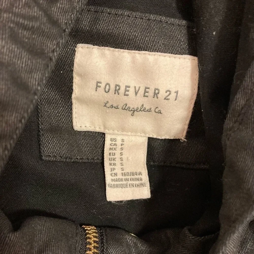Forever 21 Black Cinch Waist City Zipper Jacket W Hood & Gold Accents S - Picture 3 of 12